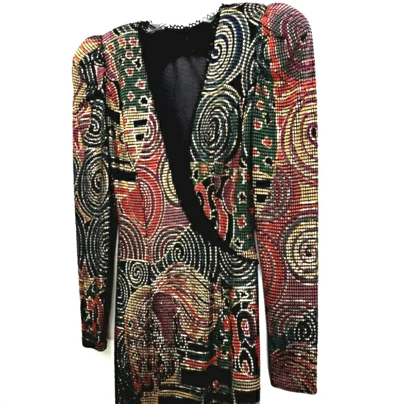 Vintage Cache Metalic Asymmetrical Illusion Plunge Neck Metalic Beaded Maxidress - Picture 6 of 16